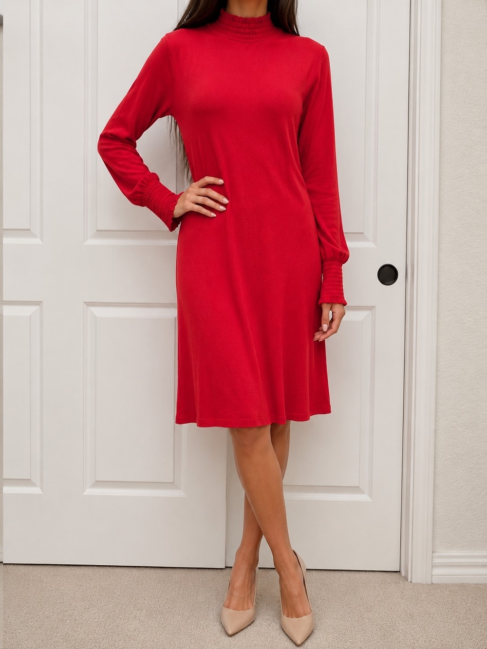 Women's Red Long-Sleeve Knit Dress with Mock Neck